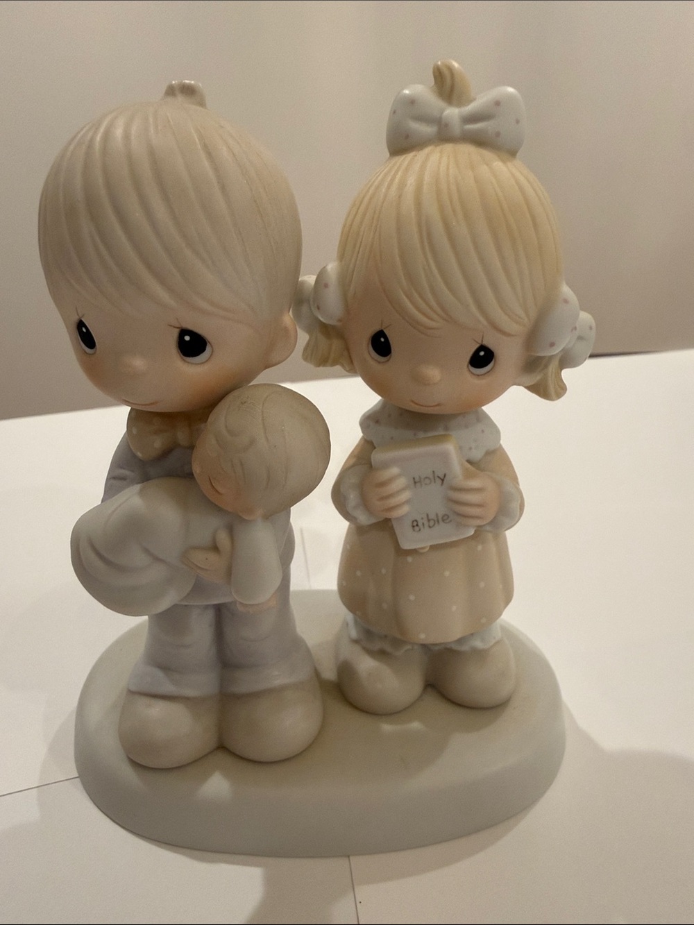 Precious Moments Porcelain Boy & Girl Figurine with Bible and Baby